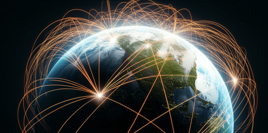 Global network visualization showing interconnected food systems across Earth, representing the worldwide regenerative agriculture movement and sustainable food technology infrastructure