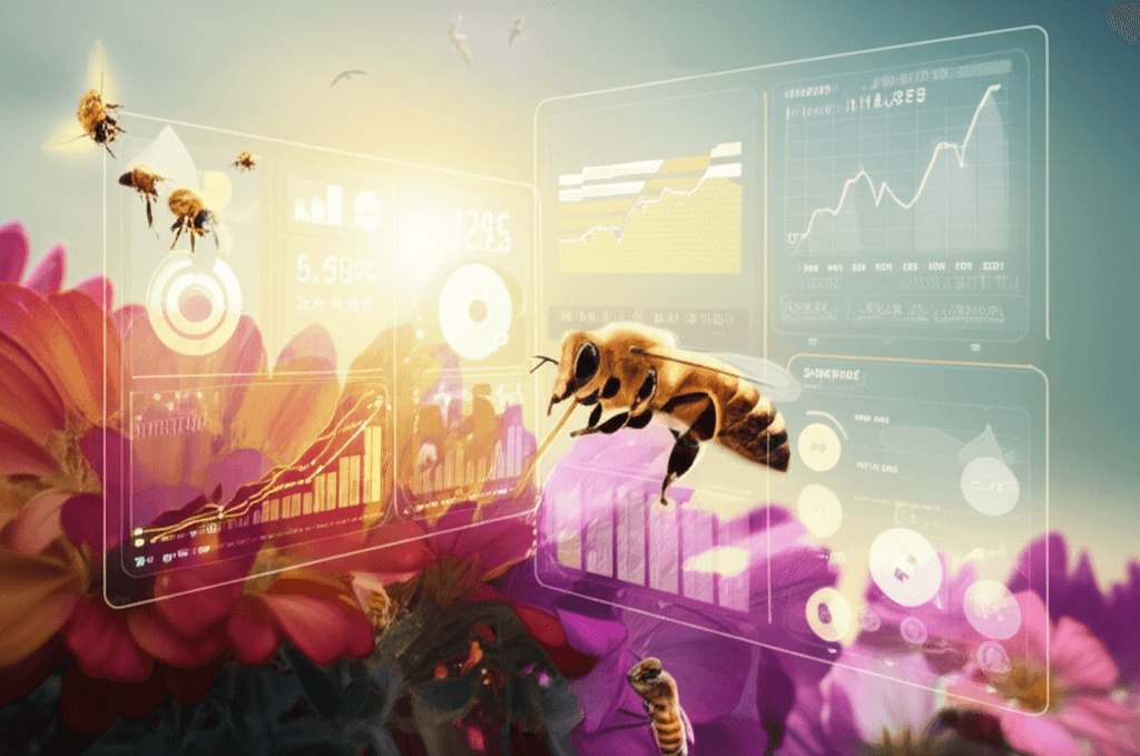 Bee pollination process illustrating the financial index that connects and funds regenerative food systems