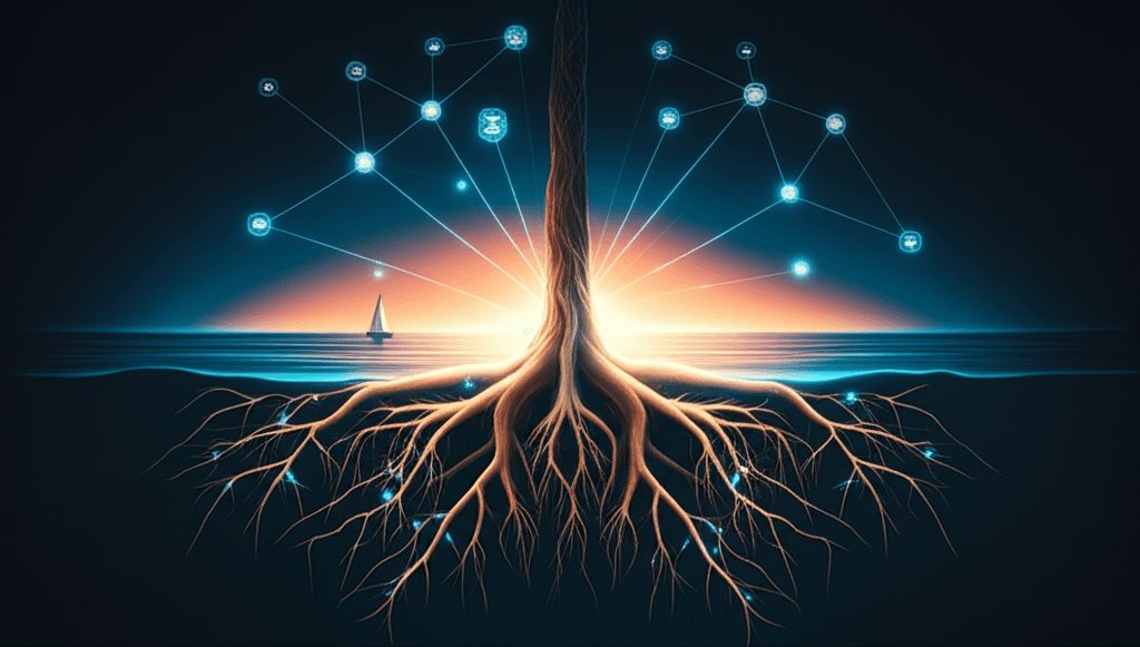 Deep root network showing the digital twin infrastructure connecting virtual and real food systems